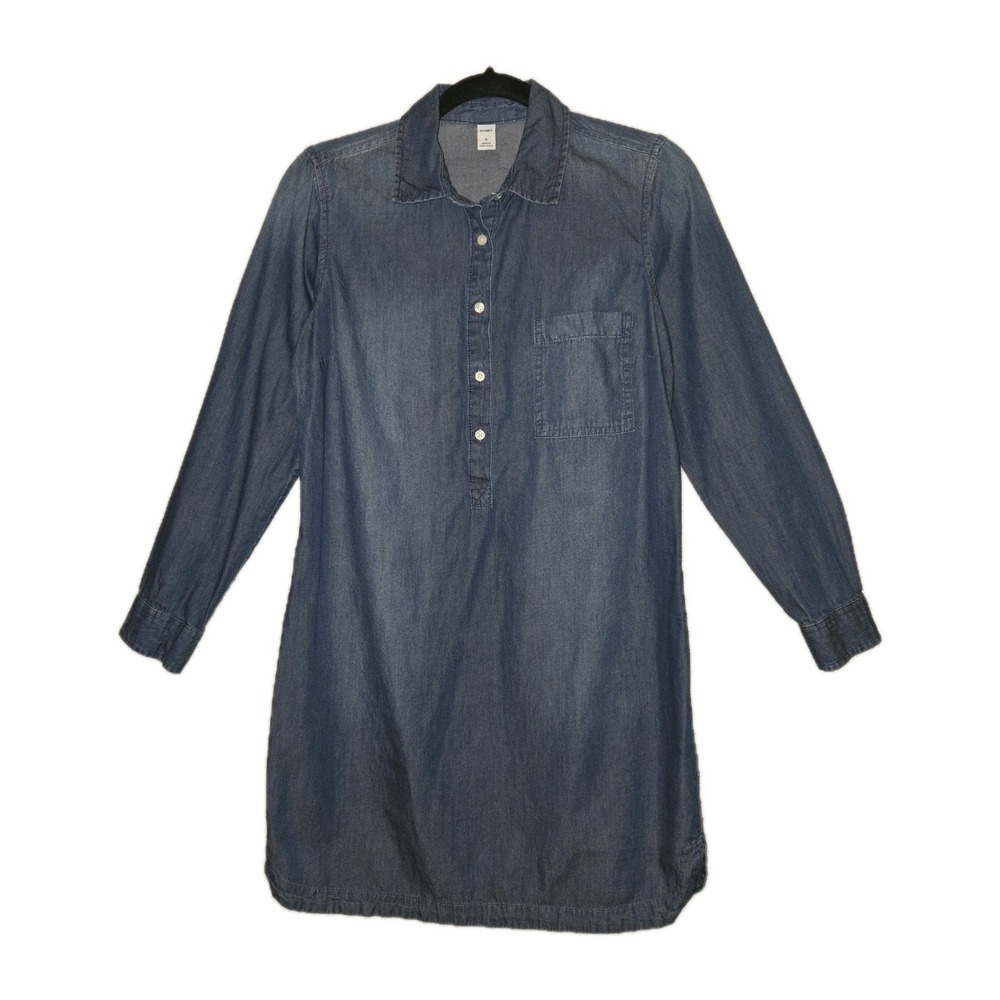 Old Navy Popover Shirt Dress Womens Small Blue Chambray Denim Long Sleeve Pocket